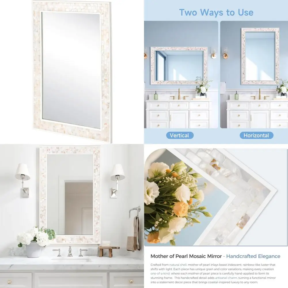 

Natural Shell Framed Rectangular Wall Mirror, 24 x 36 Inches, Ideal for Bathroom, Vanity, Bedroom, Living Room Decor