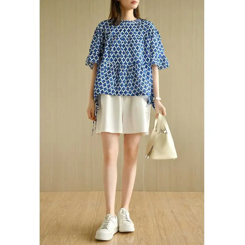 Fashion Design Blouses for Women Casual Loose Fit Oversized Shirt Commuting Blue Salt-Reduced Print Drawstring Hem Tshirt Summer