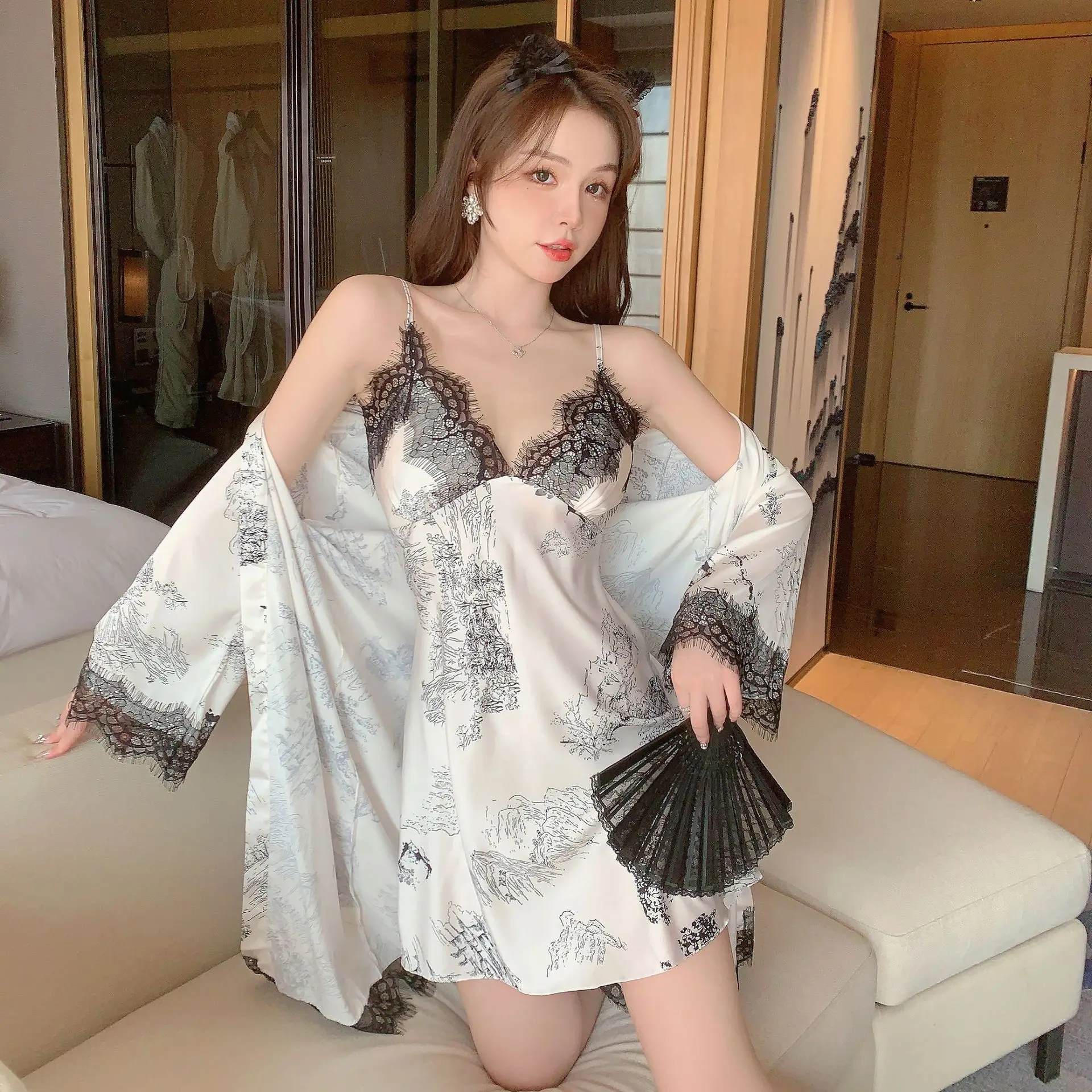 

Chinese Ink Wash Robe Gown Set Women Sexy Nightdress Bathrobe Loungewear New Summer Casual Home Wear Outfits Sleepwear Nightgown