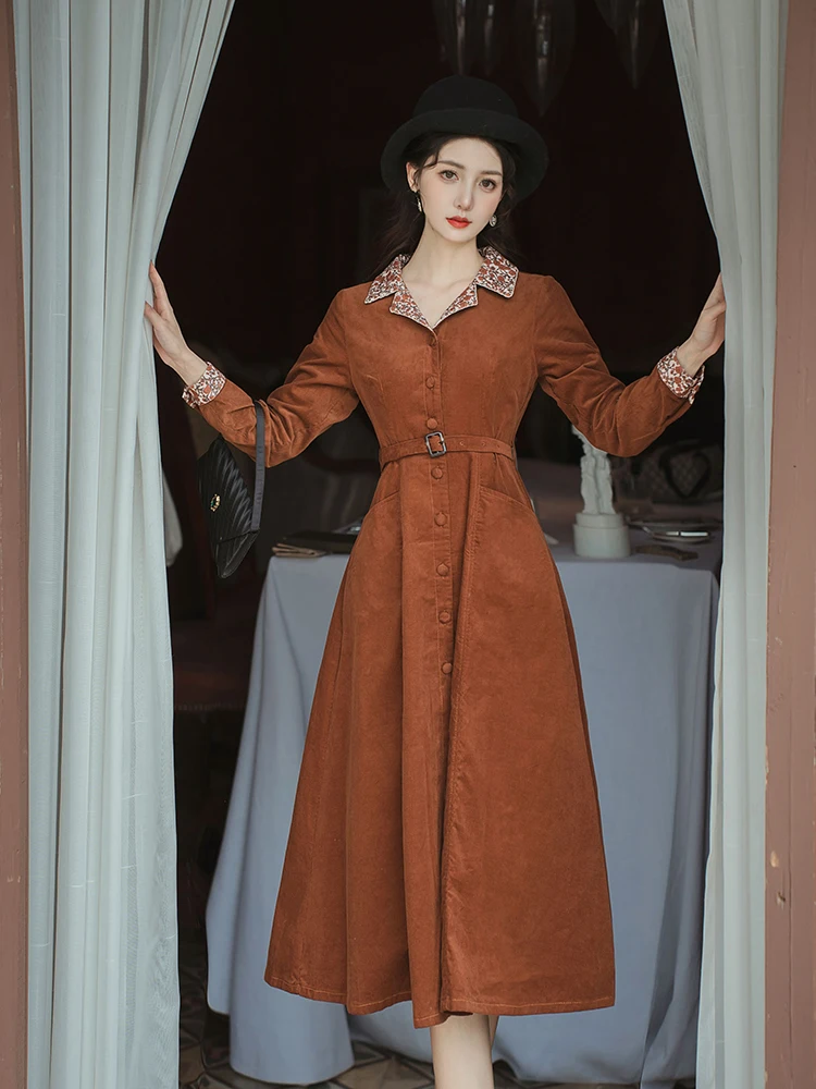 Modern Elegant Office Lady Outfits Vintage Turn Down Collar Woman Brown  Overcoat Dresses With Belt Vestidos Outono Inverno - AliExpress 200000345