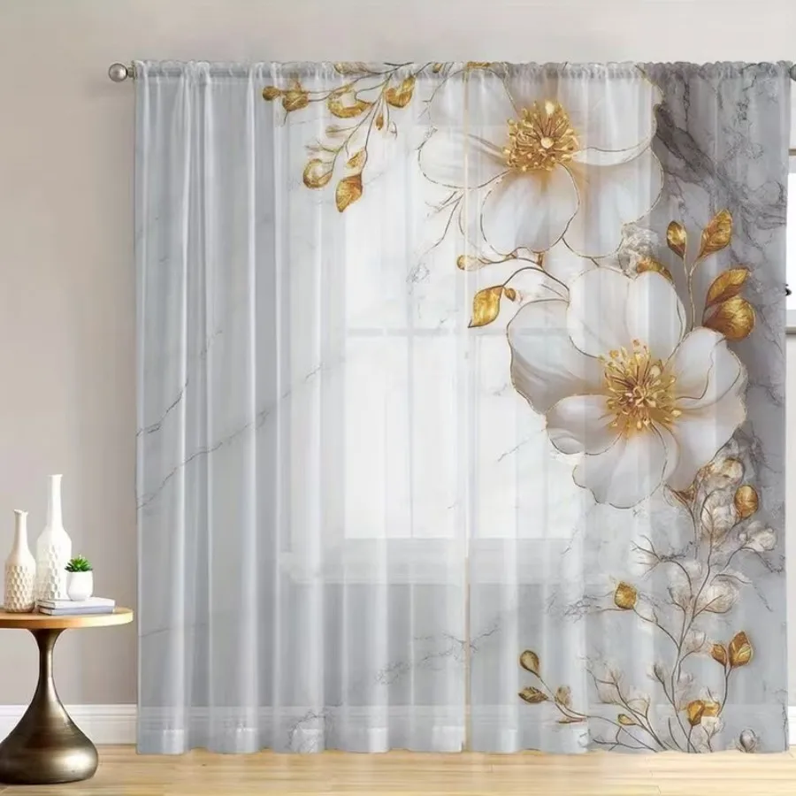 2PCS Digital Print Sheer Curtains, Golden Flower Marble Texture, Luxury Elegant Modern for Bedroom Living Room Home Decor