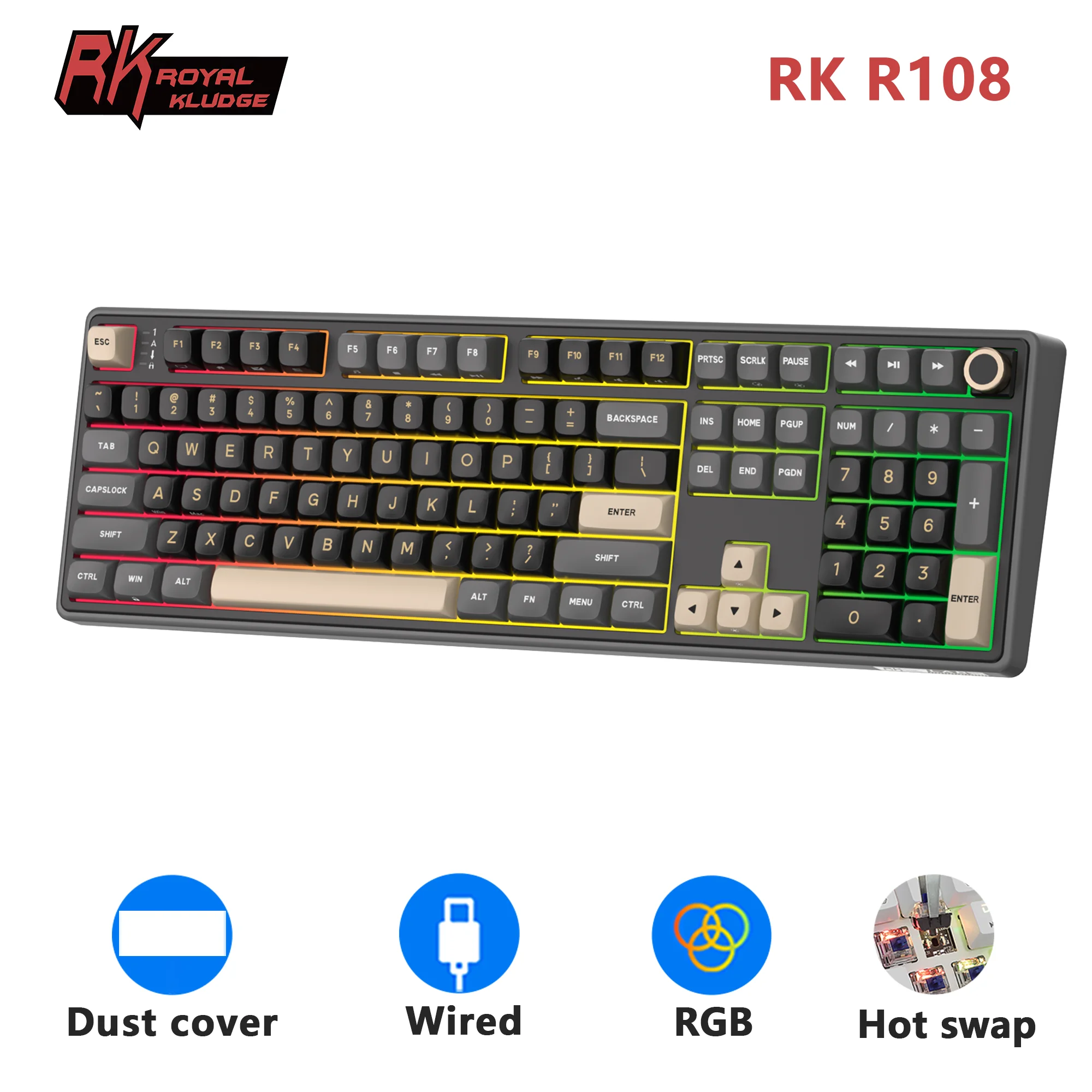 RK Royal Kludge R108 Wired Gamer Keyboard 100% 108 Keys MDA PBT Keycap Gasket RGB Hot-swappable Mechanical Keyboard Volume Knob