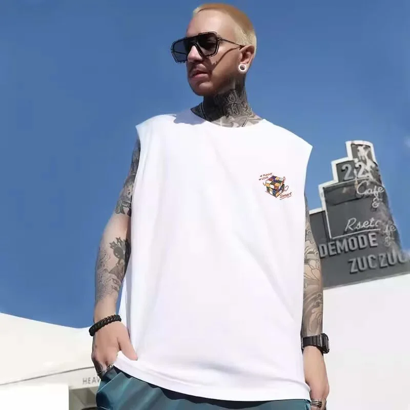 Summer Cartoon Cube Graphic Printed Sleeveless Tee Shirts For Men Hip Hop Fashion Oversized Tanks Tops Y2K Streetwear Clothing