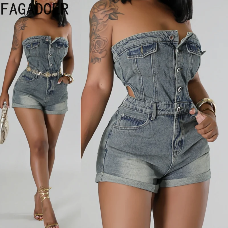 FAGADOER Retro Fashion Denim Romper Women Backless Hollow Out Patchwork One Piece Playsuit Jumpsuit Female Streetwear Overalls