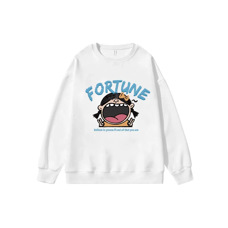 Fortune Boy and Girl Pattern Print Crew Neck Sweatshirts 2024 New Cute Trend Hoodless Sweatshirt