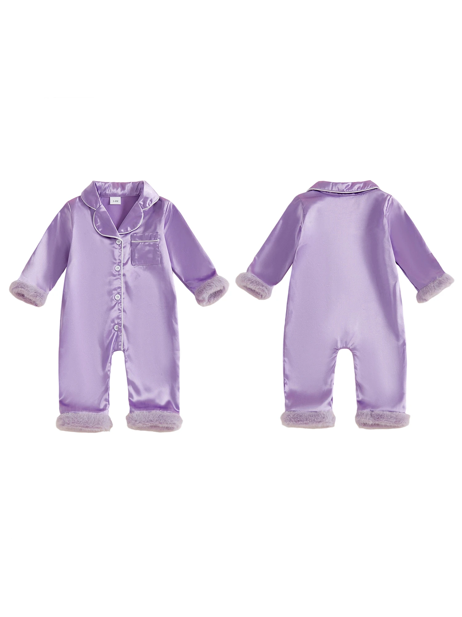 Setelan Pakaian Tidur Bayi Satin dengan Trim Bulu Imitasi, Kerah Kontras V-Neck dan Lengan Panjang - Romper Kancing Depan untuk Bayi Perempuan