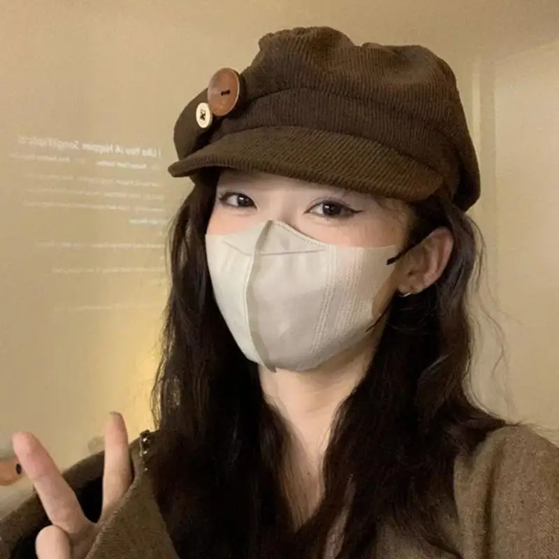 Vintage Soft Corduroy Octagonal Hat Face Flattering Non-slip Women Newsboy Beret for Autumn Outdoor