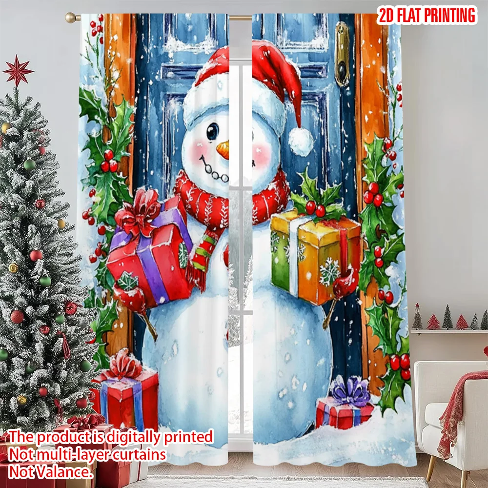 

2pcs 2D flat printing Christmas Window Drapes lovely Christmas Snowman Durable Polyester Without Electricity Spring Party &