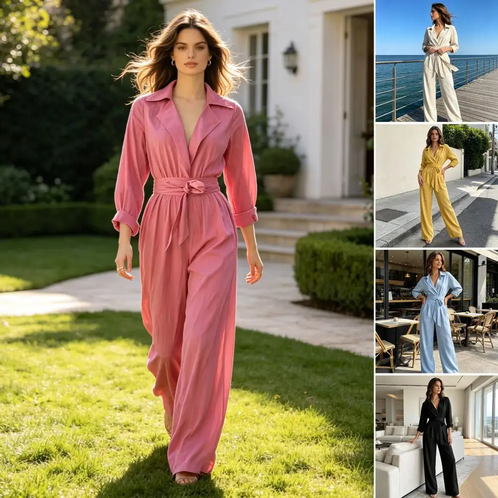 Women Formal Jumpsuits Women V Neck Jumpsuit with Belt Collared Long Sleeve Romper Solid Color Wide Leg Pants Dressy for Fall