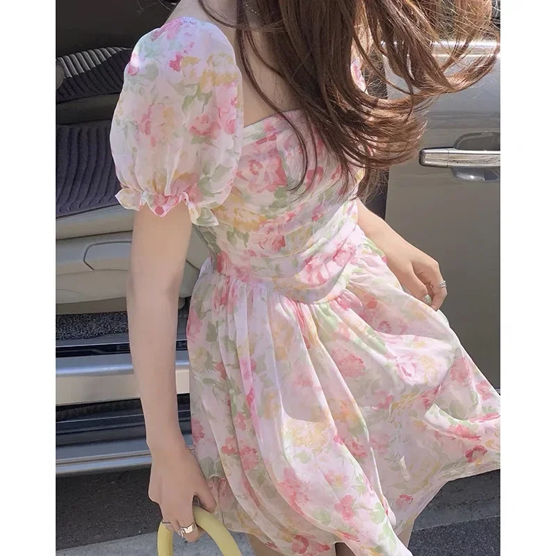 Vestido De gasa para Mujer, Vestidos De Mujer 2023, cintura delgada, dulce Floral, elegante bata De verano para Mujer, Vestidos De manga abombada con cuello cuadrado