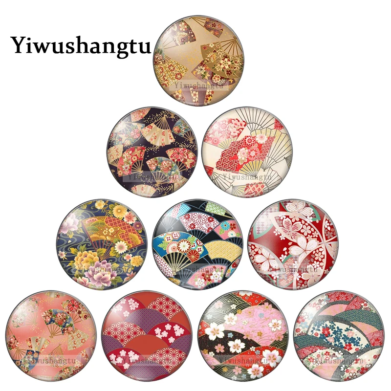 Colorful Japanese style flower fan Patterns 12mm/18mm/20mm/25mm Round photo glass cabochon demo flat back Making findings