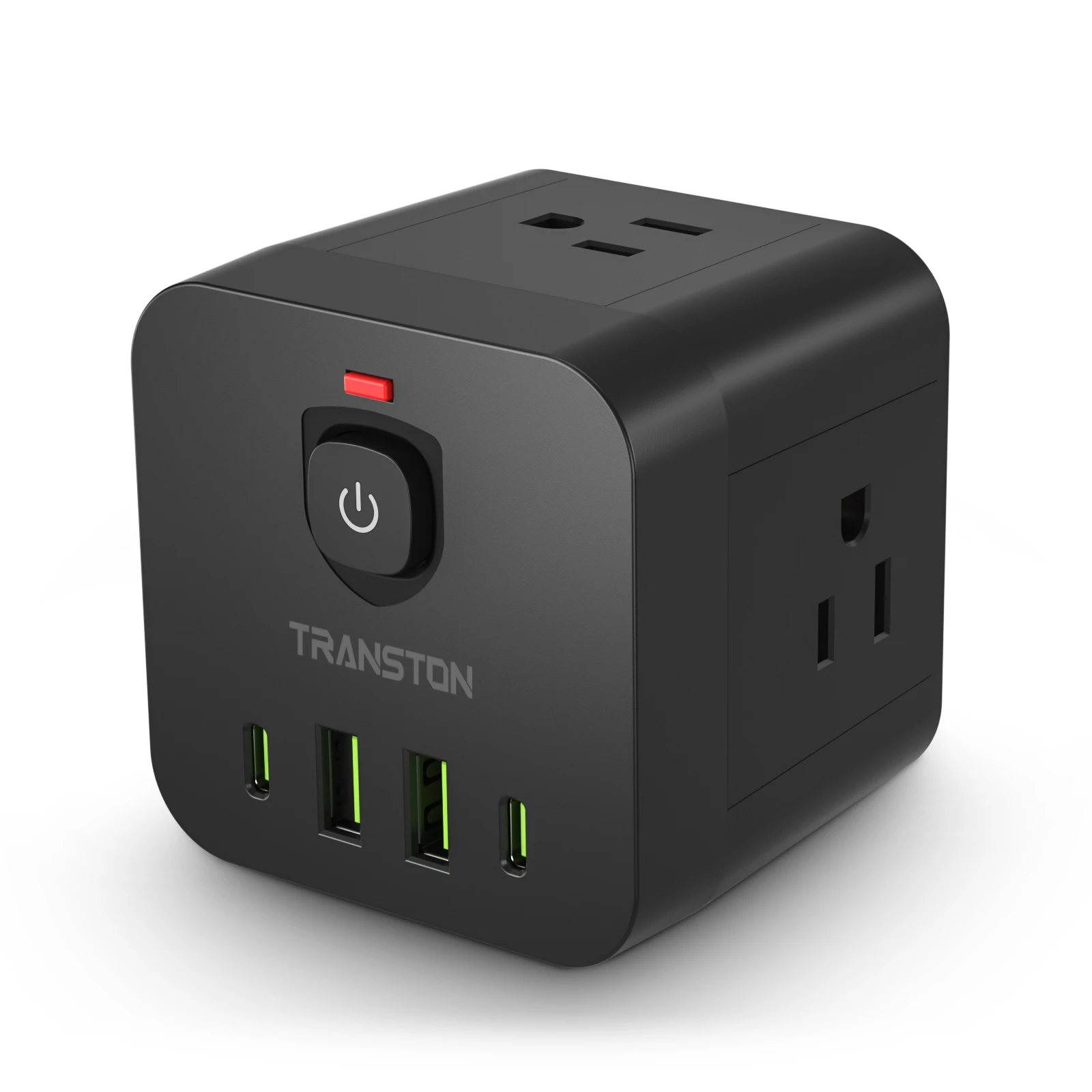 Mini portable cube power socket with surge protector,  4 sockets 2 USB 2 Type-C, suitable for home, travel office, office, Black