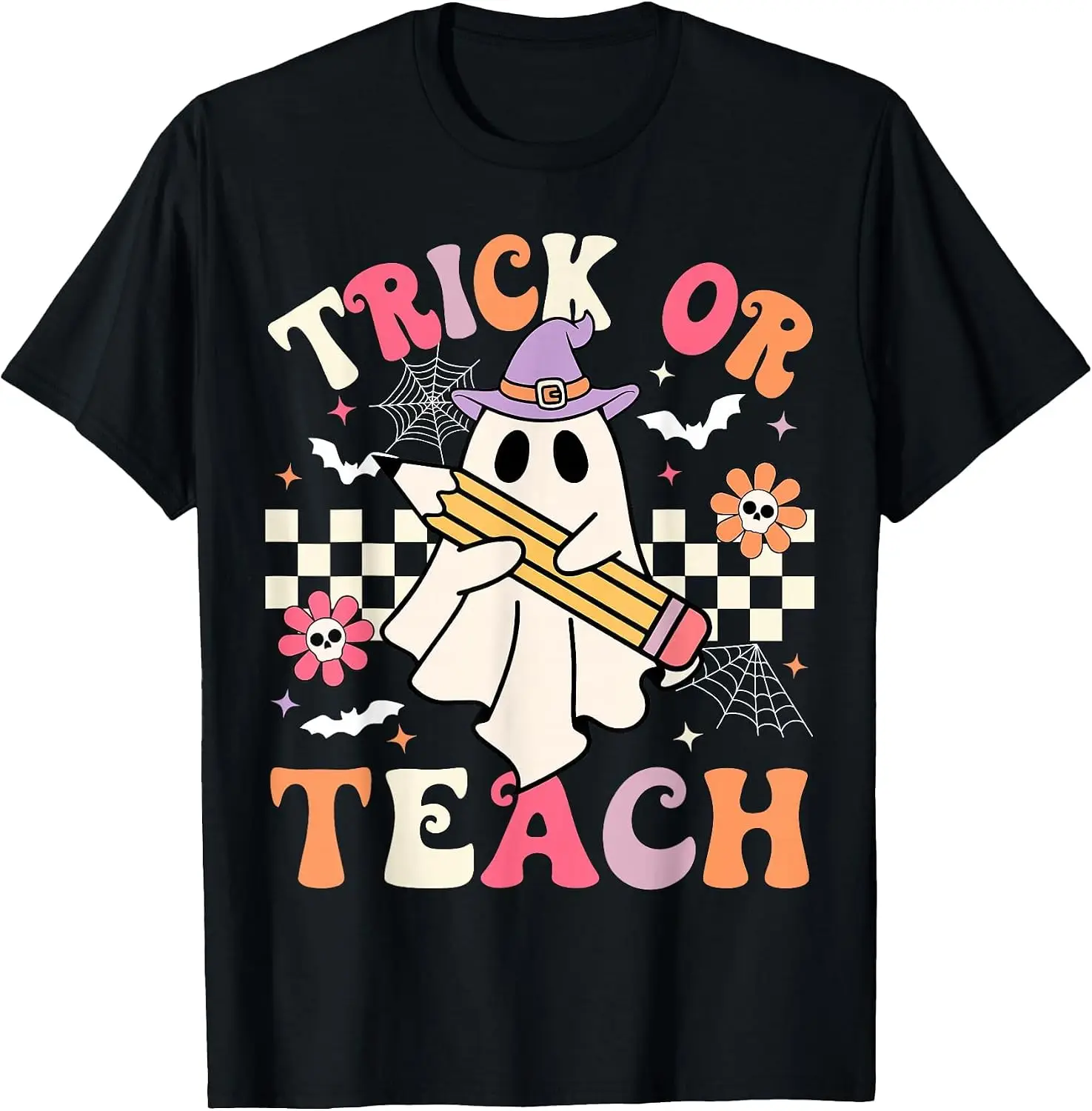 Trick Or Teach Groovy Teacher Retro Floral Ghost T-Shirt Fun 100% Cotton Short-Sleeve Shirt – A Gift For Halloween Or Christmas.