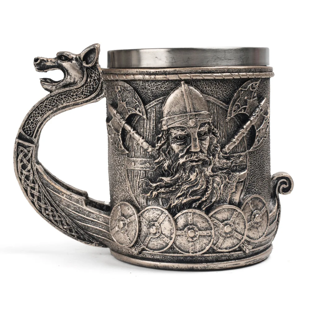 Nordic Viking Pirate Mug Tankard Stainless Steel Resin 3D Norse Decor Coffee Cool Gothic Beer Mug Stein Cup