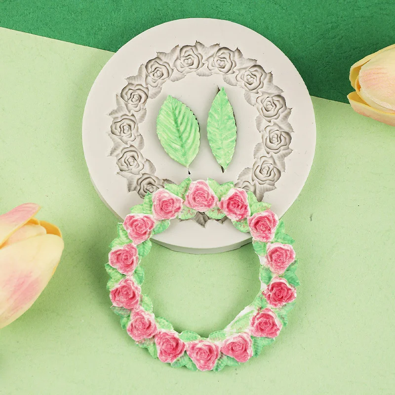 Rose Wreath Silicone Mold Wedding DIY Cupcake Topper Fondant Molds Cake Decorating Tools Polymer Clay Candy Chocolate Moulds