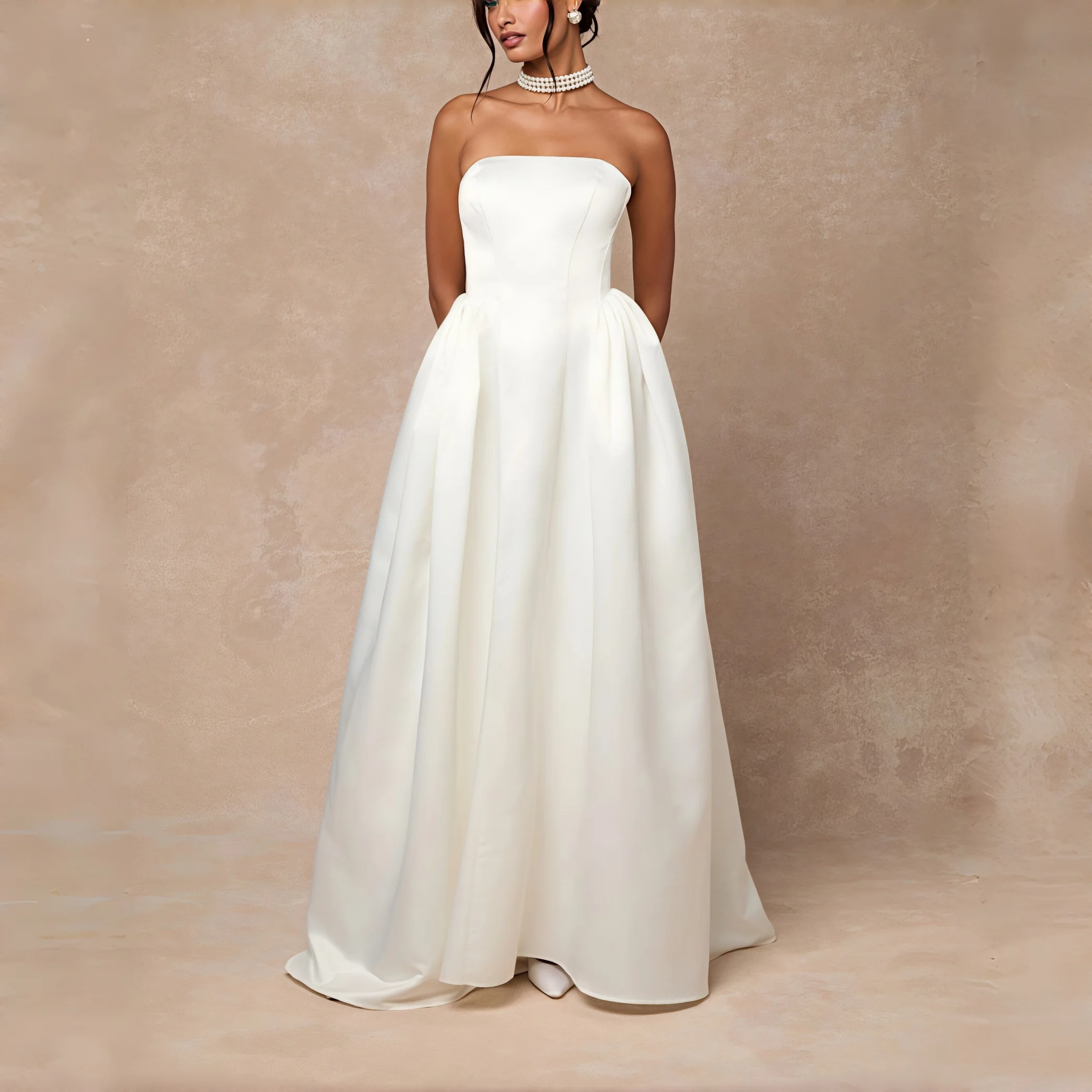 Wedding Satin A-Line Dress Strapless Square Neck Chapel Train Formal Bridal Party Bridesmaid Evening Cocktail Prom Guest Dress
