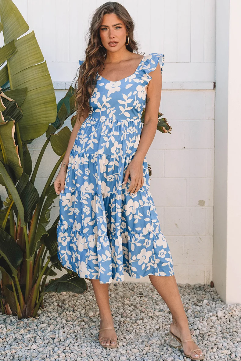 

2025 Fashion Summer New Floral Print U-neck Chic Dress For Women Retro High Waist Long Dress Loose Casual Female Clothing