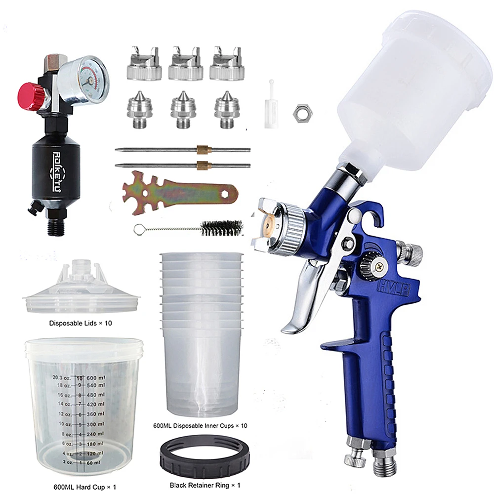 0.8/1.0mm Nozzle H-2000 Professional HVLP Mini Paint Spray Gun +10Pcs 160/600ML Disposable Paint Cup Spray Gun Paint Mixing Cup