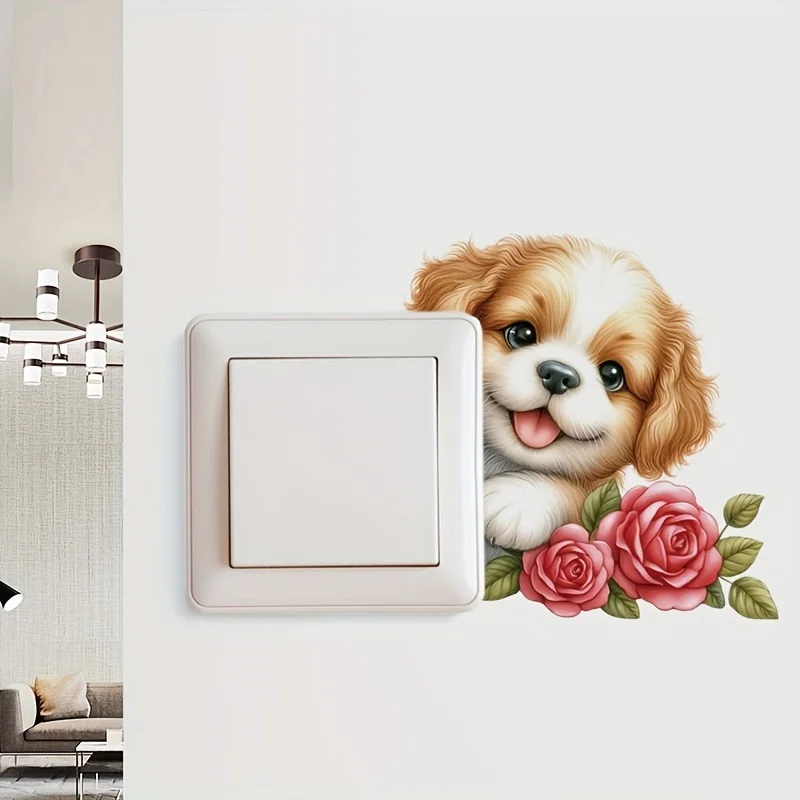 1pc Adorable Puppy Switch Stickers Bedroom Living Room Light Switch Decals Cartoon Animal Home Decoration Wterproof Wall Sticker