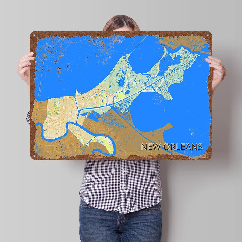 New Orleans City Map Metal Poster Customized Wall Art Retro Vintage Tinplate Signs for Man Cave Interior Decoration Living Room