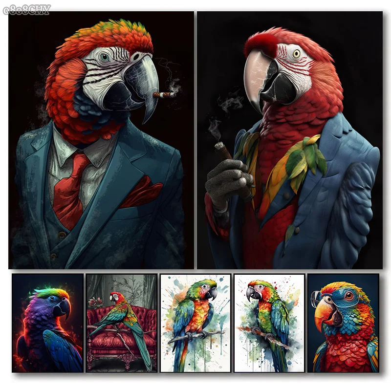 Vintage Parrot Business Suit Cigar Canvas Painting Parrot Watercolor Perch Art Posters and Prints Parrot Pictures for Home Decor
