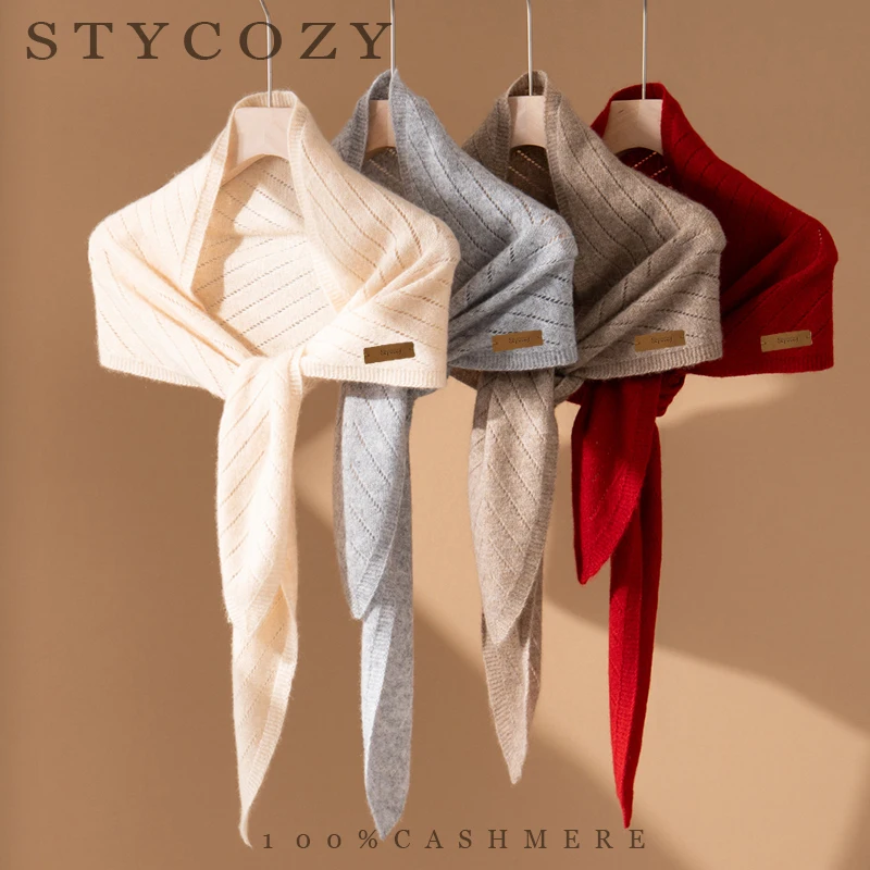 Women100%Cashmere Cross‑Tie Knitted Triangle Shoulder Shawl Winter Solid Color Hollow Soft Knit Neck Protector Scarf Daily Wear