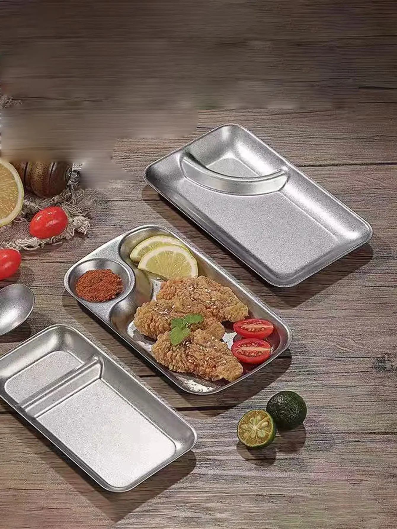 Korean-Style Stainless Steel Rectangular Snack Plate with Oil and Vinegar Dish, Dumpling Plate, Camping Barbecue Grill Plate, Fried Chicken Snack Plate, 1 Piece