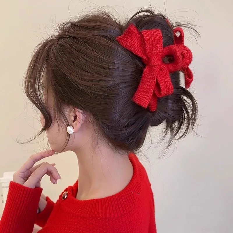 13cm Knitted Bow Hair Claw Elegant Sweet Bow Hair Crab Clip Shark Clip Korean Fashion Autumn Winter Hair Styling Accessories New