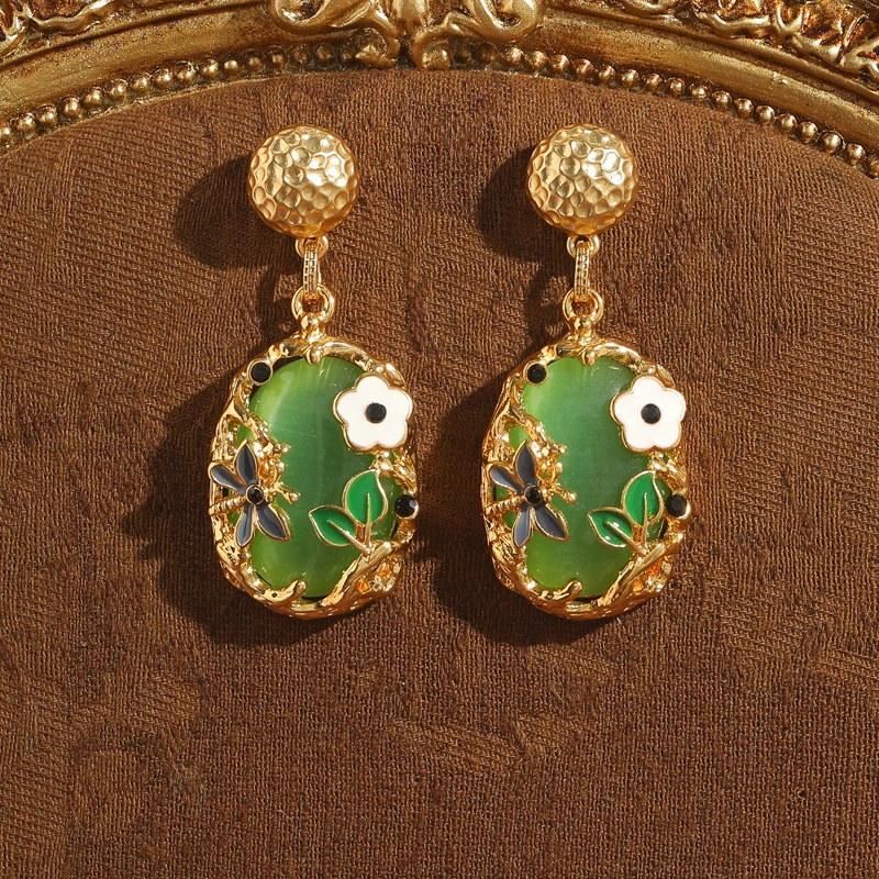 

Cat Eye Drop Earrings Woman Vintage Pendant Green Glazed Luxury Flower Antique Gold Plated Jewelry 2026 New Trends Festival Gift