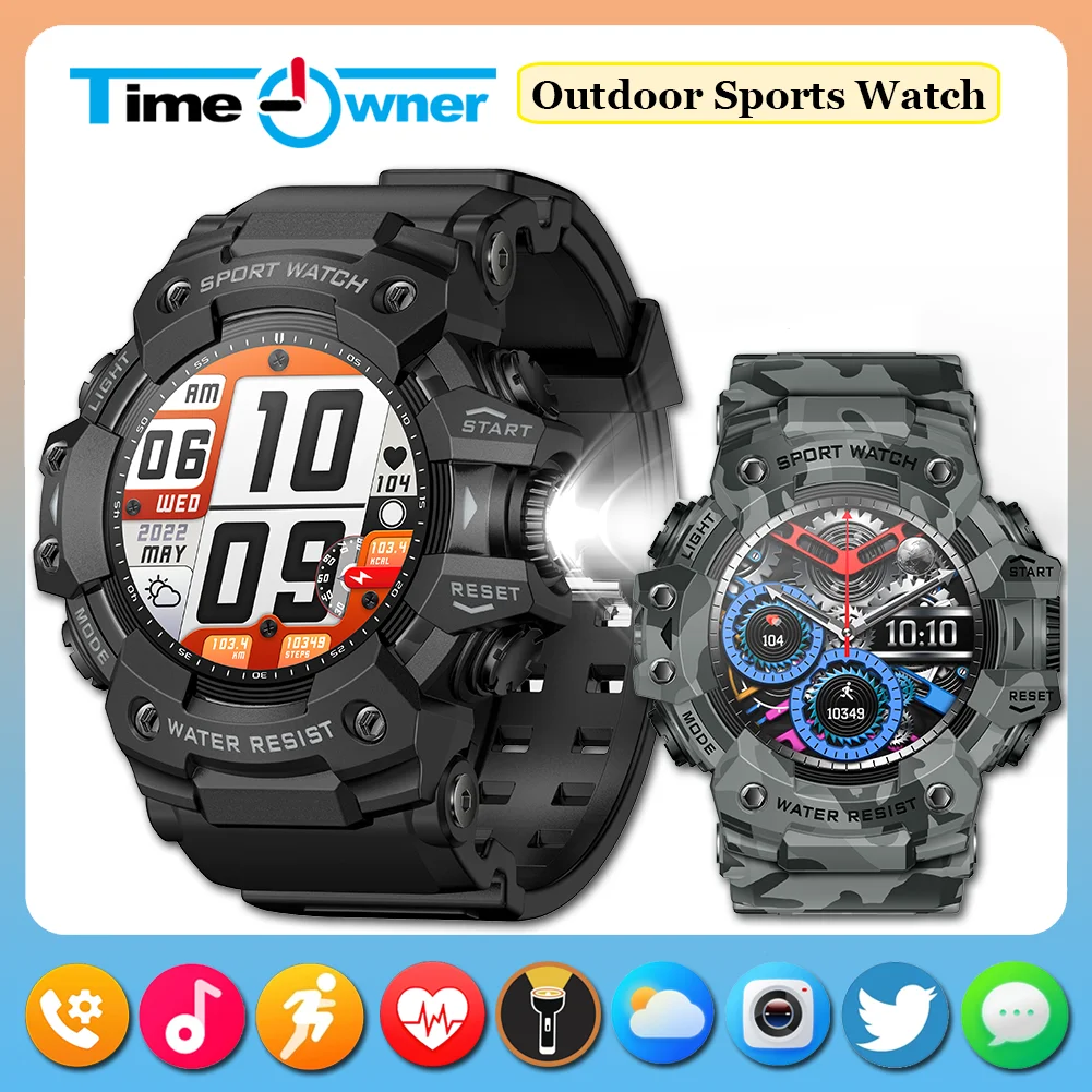 Time Owner New Men's Outdoor Sports Smart Watch Flashlight Compass Heart Rate Monitoring Smart Bracelet Military Waterproof