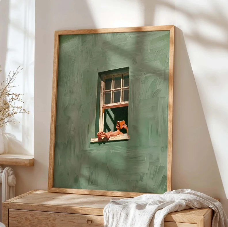 Frau liest im Fenster, Leinwanddruck, moderne Kunstillustration, hochwertige Heimdekoration für Schlafzimmer, Wohnzimmer – Detail 2