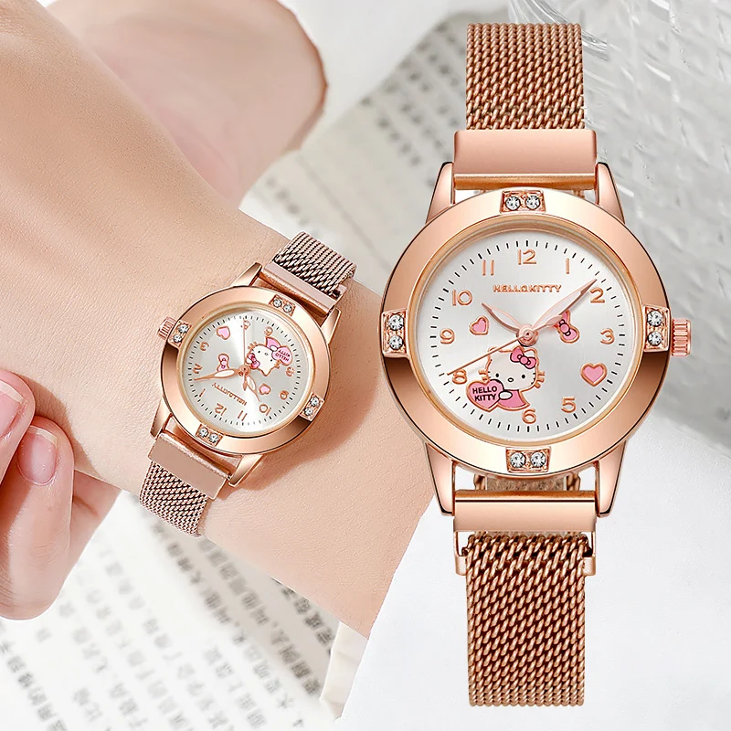 New Hello Kitty Diamond Watches Women Cat Bow Kawaii Pink Ladies Gold Sliver Metal Jewelry Cartoon Magnetic Watch Girls