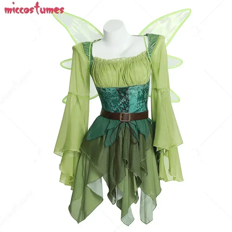 

miccostumes Women's Medieval Green Fairy Magical Elf Dress and Belt with Wings Halloween Cosplay Costumes