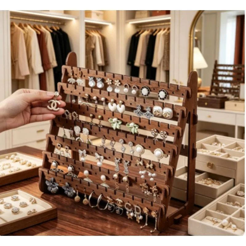 

Wooden Jewelry Storage Rack Multi Layer Display Stand Desktop Ring Earring Accessories Organizer Holder