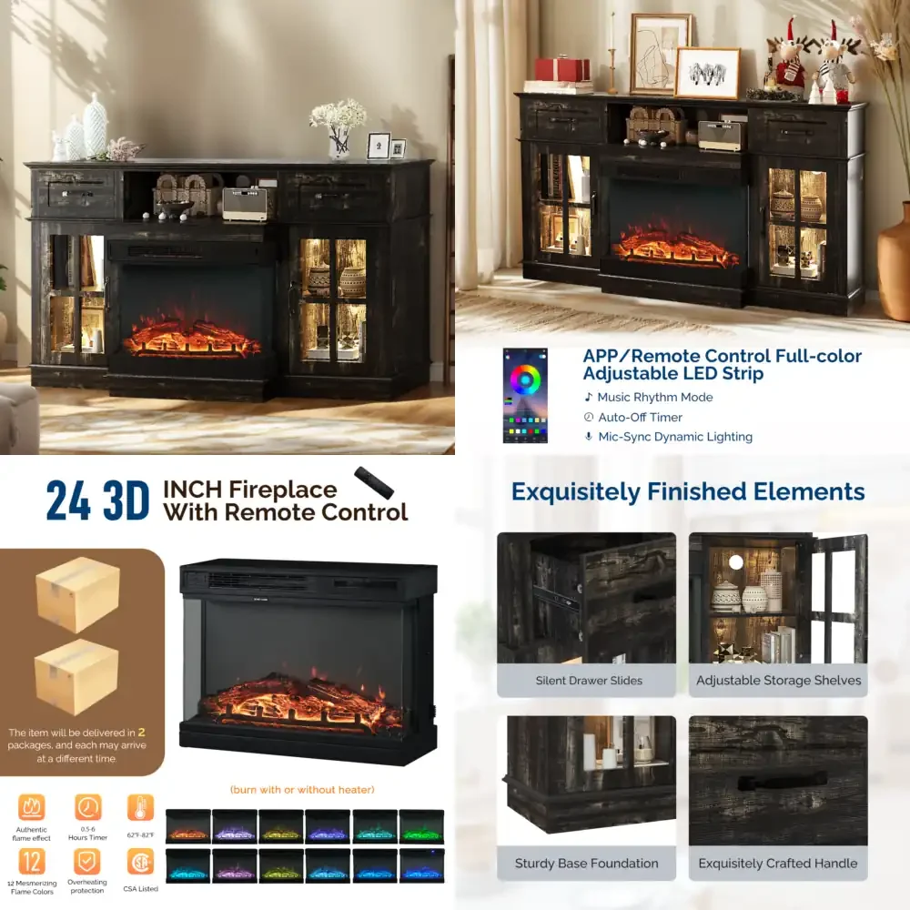 58 Inch Black Gold Oak Electric Fireplace TV Stand with 2 Doors 2 Drawers and Display Shelf Featuring Lattice Glass