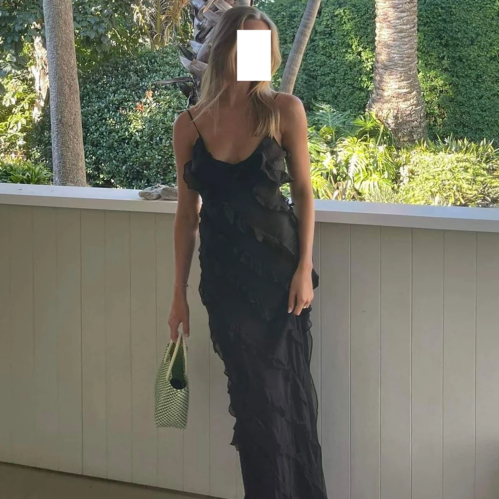 

Sexy Black Ruffles Tulle Side Slit Scoop Spaghetti Straps Backless Bespoke Occasion Gown Pleats Evening Dress Straight Girl 2024