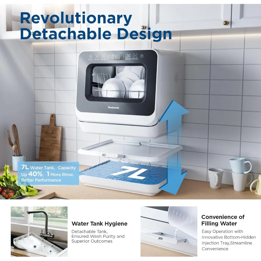 Portable Countertop Dishwasher, 7L Detachable Water Tank, 6 Programs,No Hookup Needed, 192℉ HI-Temp Hygiene, Hybrid Drying