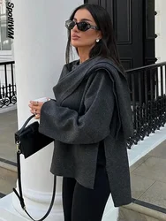 Cappotto a mantella lavorato a maglia grigio corto autunnale con sciarpa Cardigan allentato a maniche lunghe moda donna inverno elegante chic streetwear