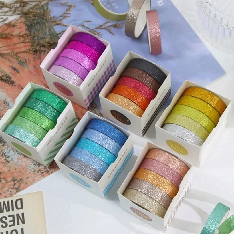 5Rolls Glitter Washi Tape Set Scrapbooking Decorative Adhesive Tape Album Washitape Stationery Journal Supplies Masking Tape