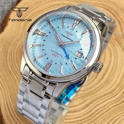 Tandorio NH34A GMT Function Steel Automatic Watch Double Domed Sapphire Crystal 40mm Dive Wristwatch for Men Date 20bar Luminous