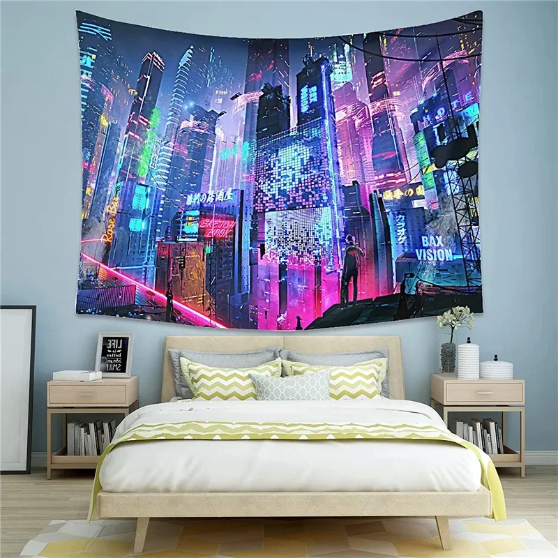 Cyberpunk Neo Futuristic Poster Tapestry Psychedelic Fantasy City Cyberspace Neon 