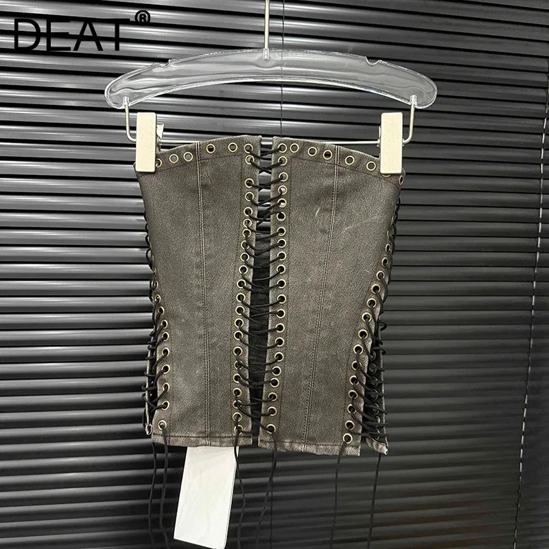 DEAT-Chaleco corto sin tirantes de PU con diseño de vendaje Vintage para mujer, prendas de vestir, camisetas sin mangas de calle alta para mujer 11A04791