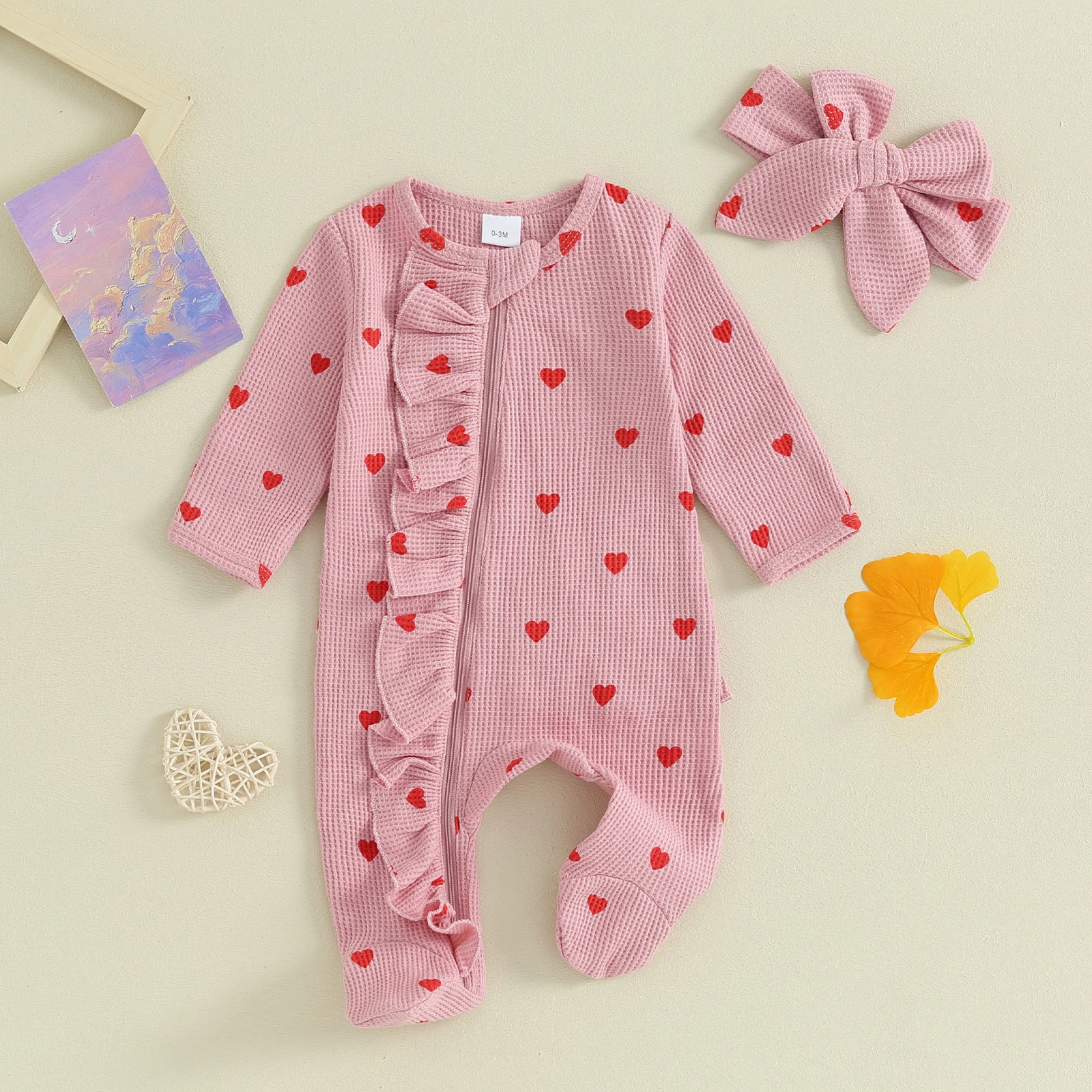 Baby Girls Valentines Day Foot Cover Jumpsuit Long Sleeve Crew Neck Heart Print Ruffle Zipper Footies with Headband