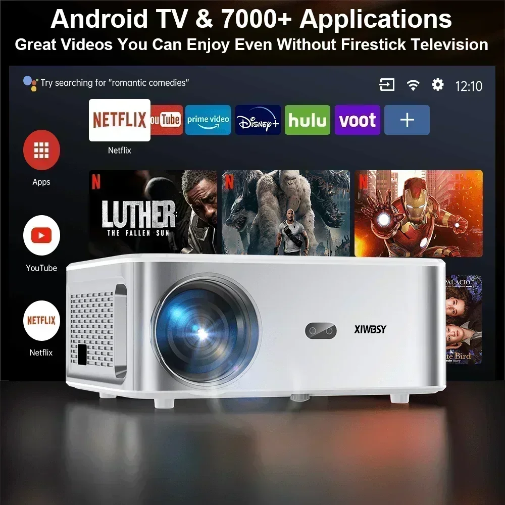 Proyector android XIWBSY 4K, 25000 lúmenes, 800ANSI, enfoque automático/proyector Keystone, cine en casa, proyector inteligente para exteriores