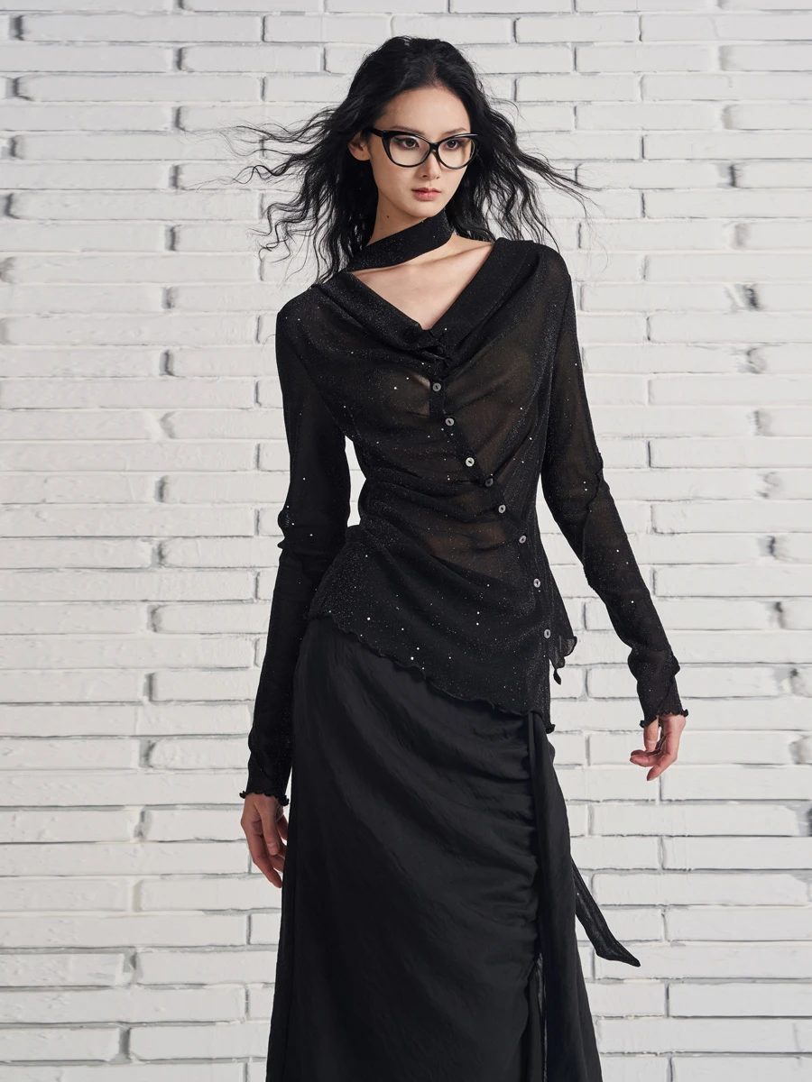 

Tu Why Original Design "Moonlight Luxury adow" Irregular Knitted Top Women's Me f Skirt Swing Collar Spring Summer