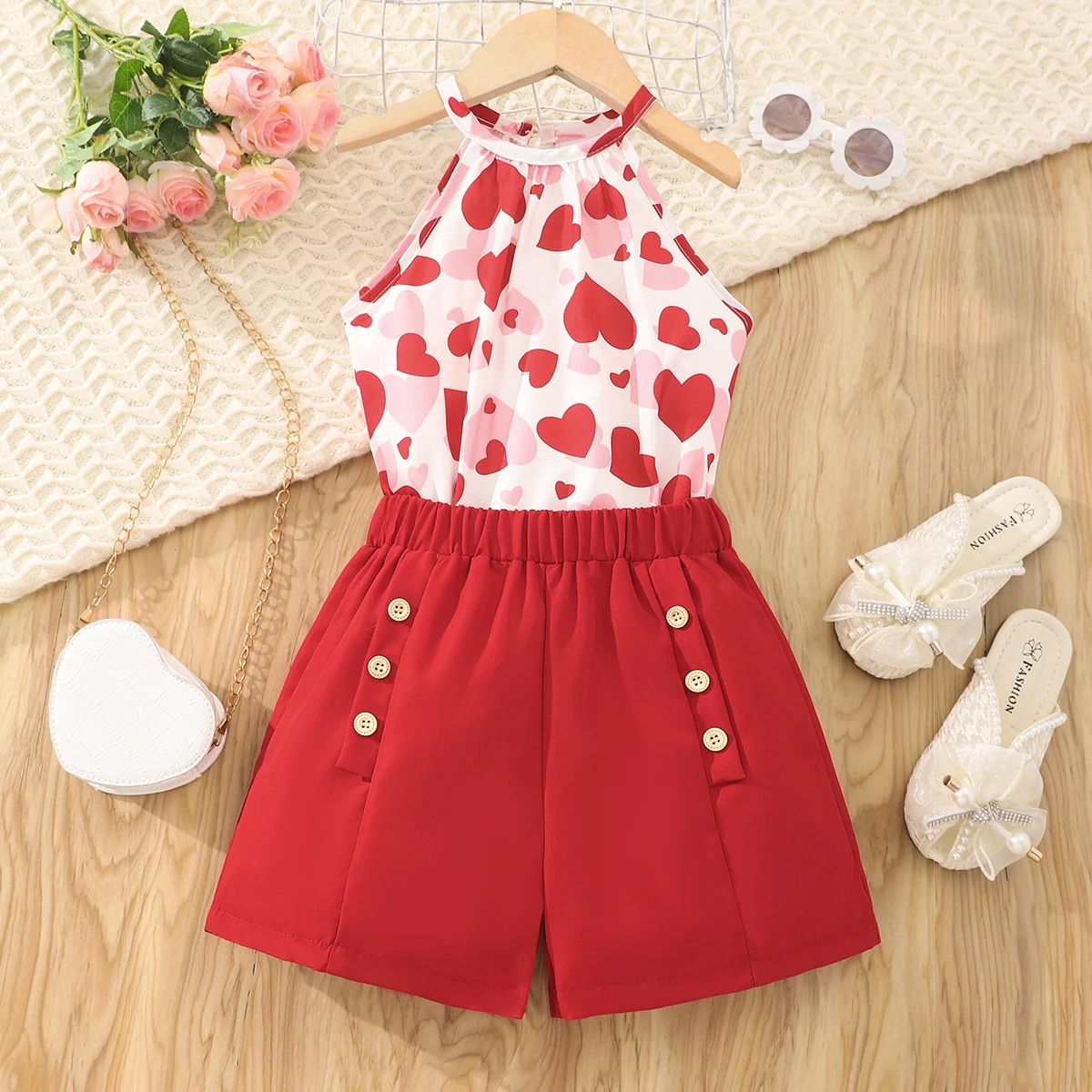 

PatPat 2pc Kid Girl Valentine's Heart-shaped Open Sleeve Sweet Top and Pants Set