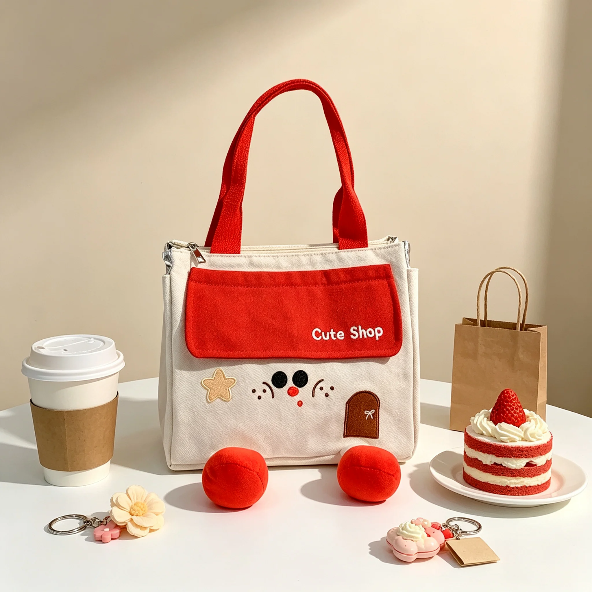 Cute 3D Doll Design Insulated Lunch Bag Cartoon Canvas Thermal Cooler Handbag Portable Food Storage Tote For Girls Students