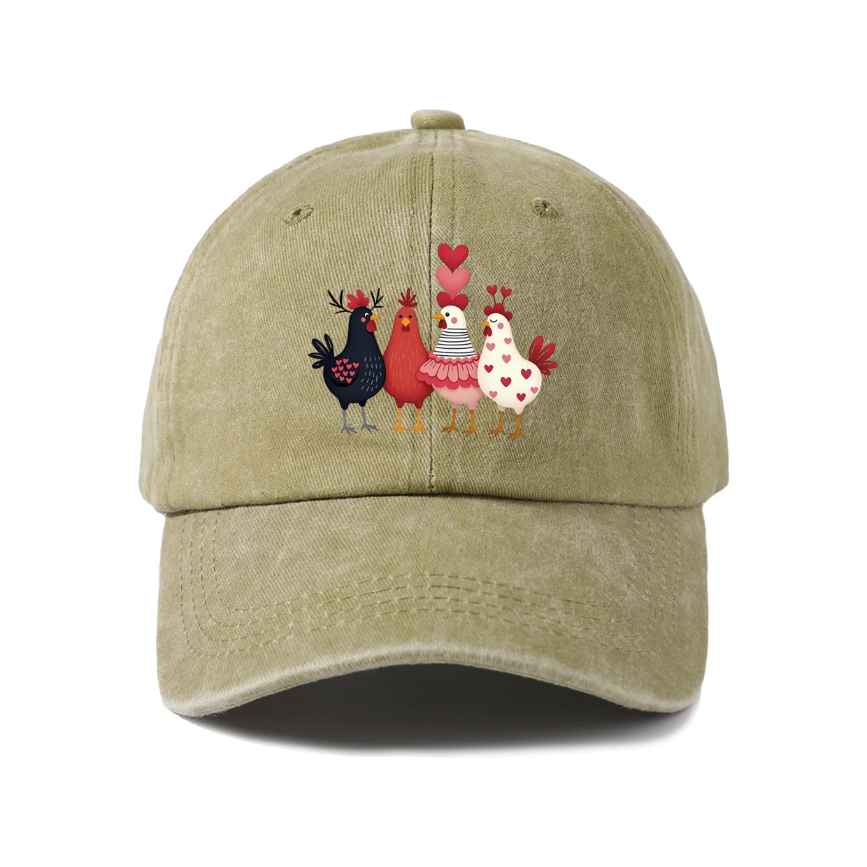 Chicken Family Hearts Graphic Baseball Cap, Vintage Washed Adjustable Unisex Dad Hat, Casual Gift