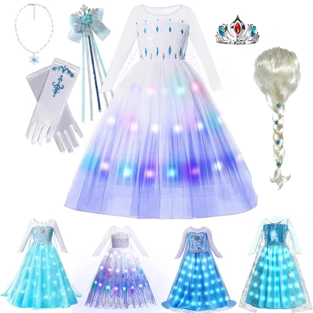 LED Light up Dress for Girl Snow Queen Cosplay Costumes Princess Dress Halloween Costume Kid Carnival Birthday Party Clothing