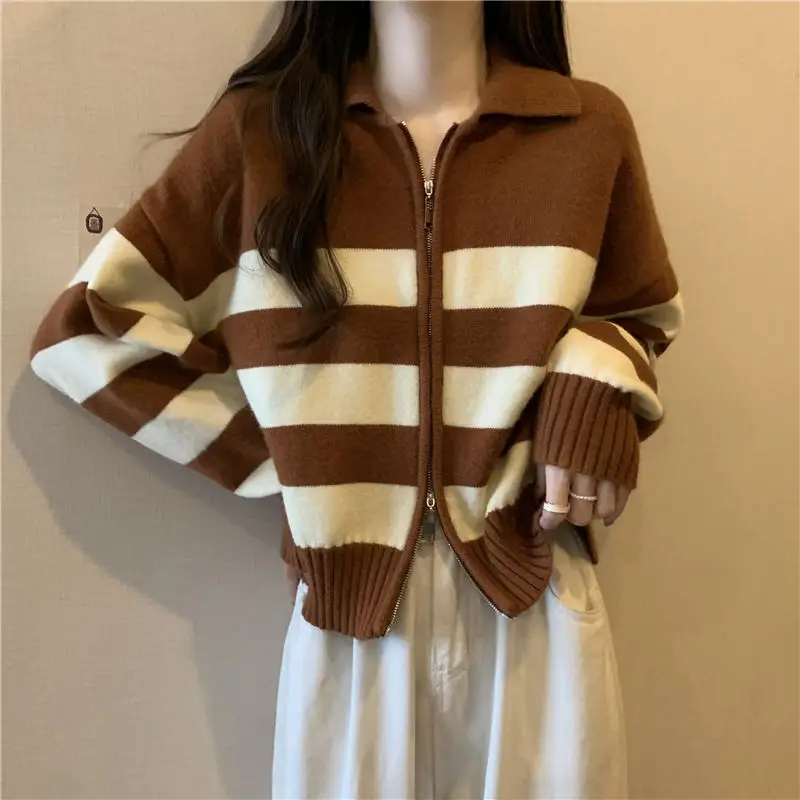 Vintage Striped Polo-Neck Sweaters Women\'s Clothing Korean Long Sleeve Autumn Winter Basic Loose Fashion Zipper Knitted Cardigan